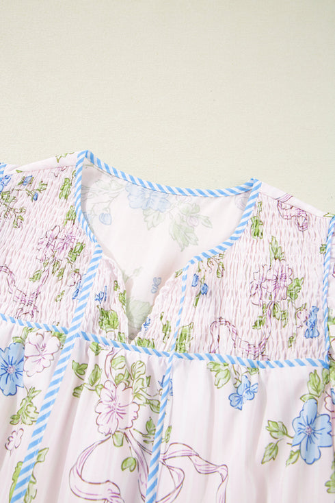 Charming Floral Stripe Print Contrast Trim Puff Sleeve Tie Neck Mini Dress
